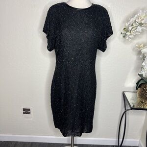 Vintage Stenay Beaded Silk Black Midi Dress Short Sleeve 6